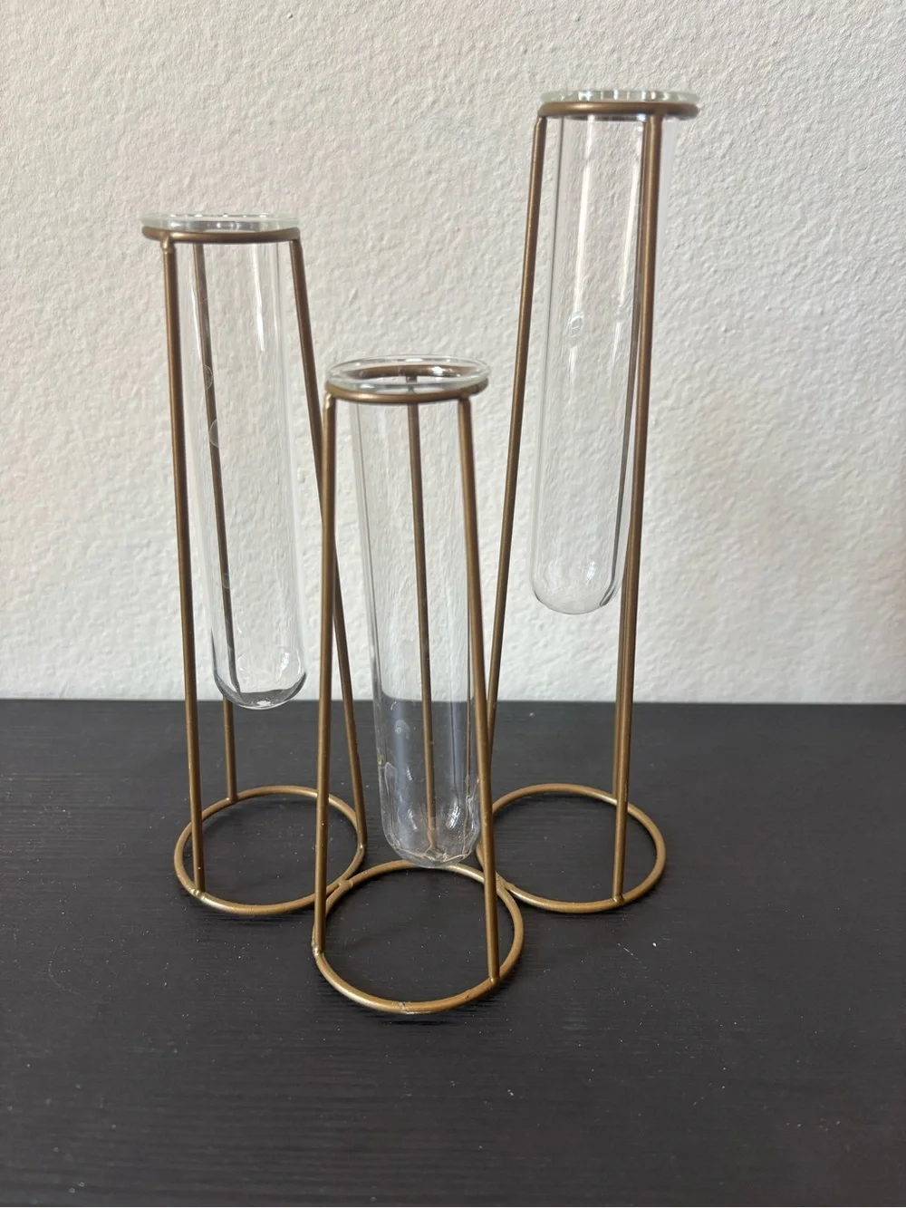 Glass Tube Bud Vases with Gold Metal Stands - Set of 3